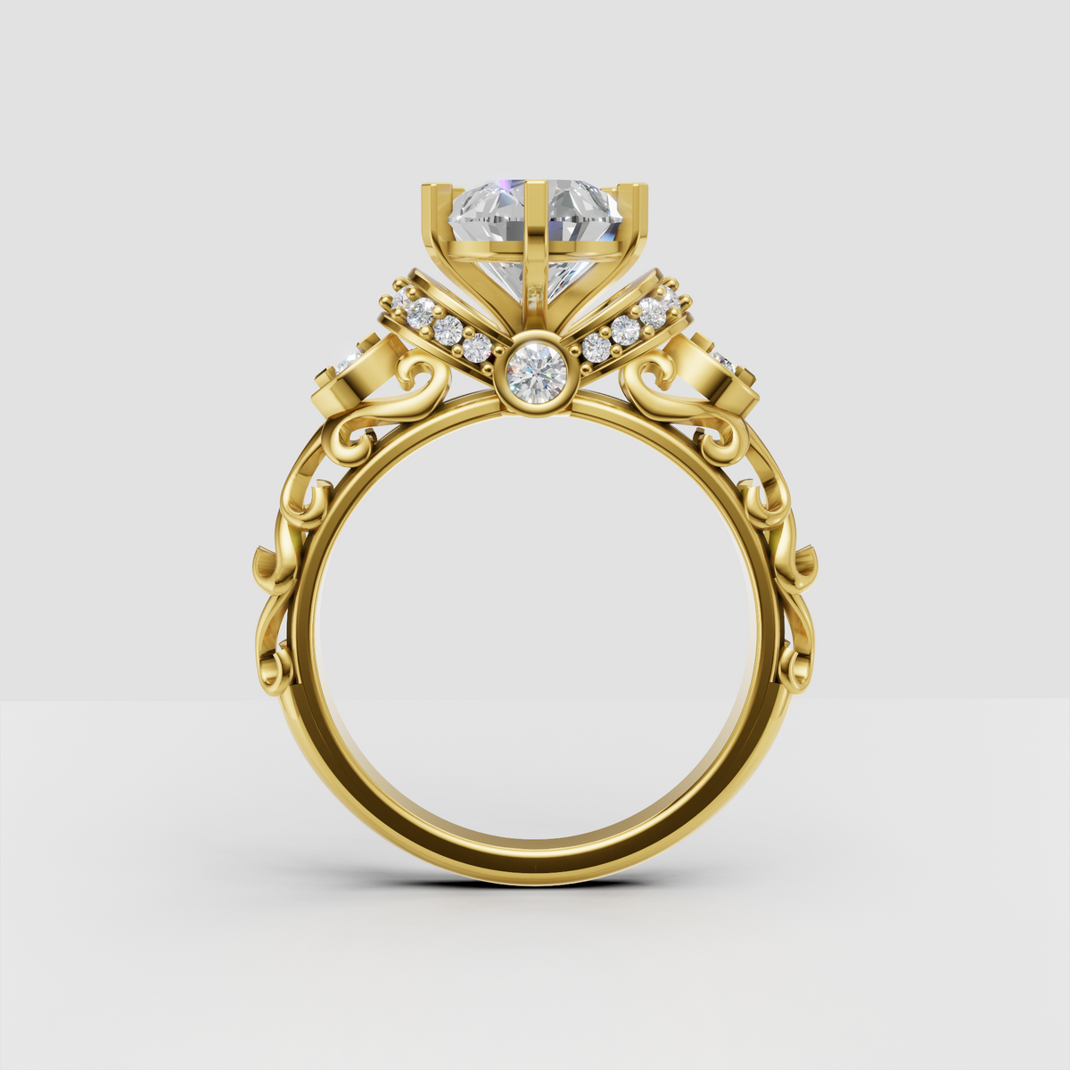 Pear cut engagement ring with decorative multi-prong setting and filigree band