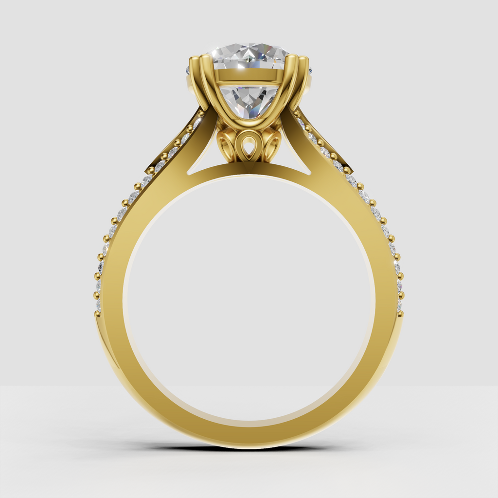 Luxury Round Diamond engagement ring with bead-set pavé band and yellow gold setting