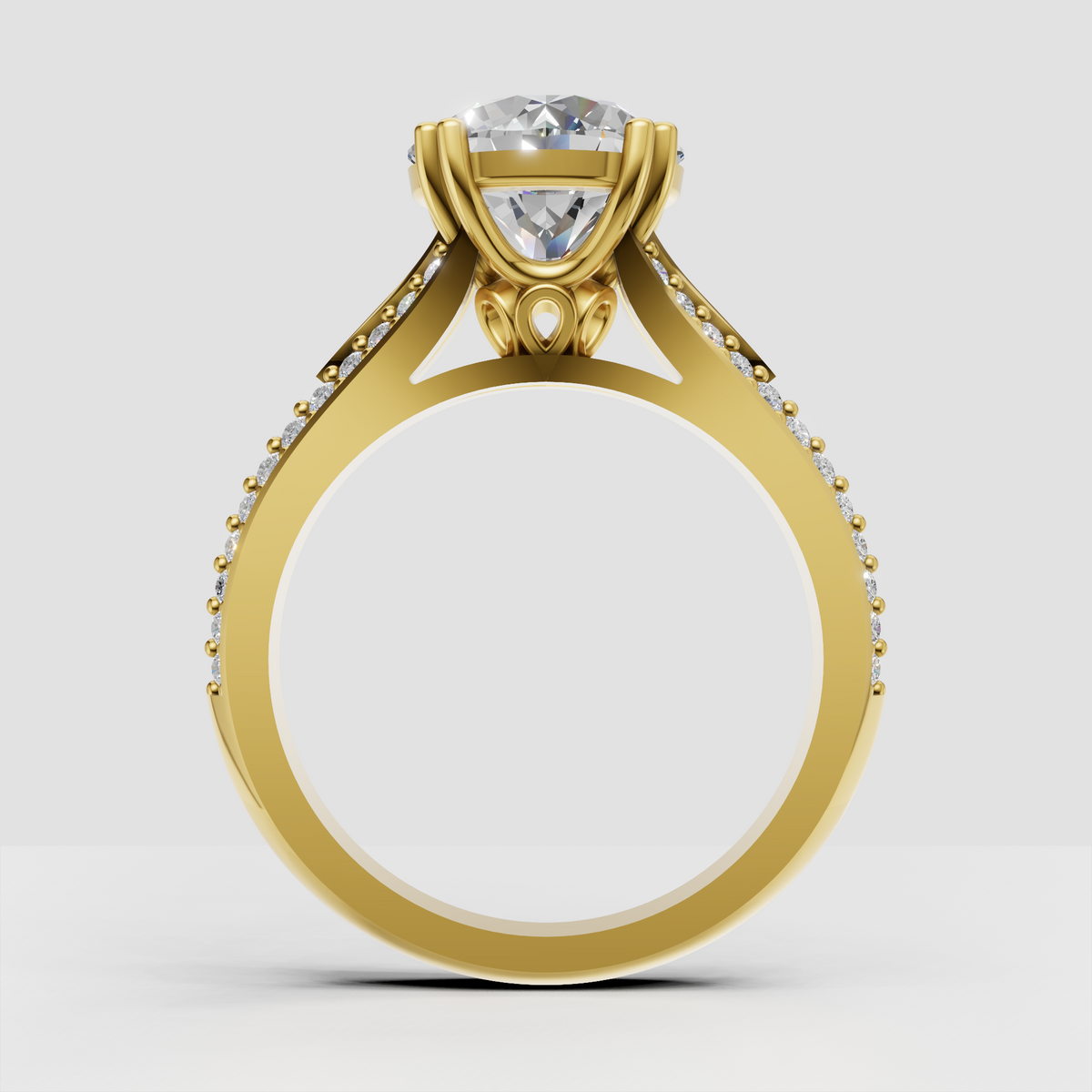 Luxury Round Diamond engagement ring with bead-set pavé band and yellow gold setting