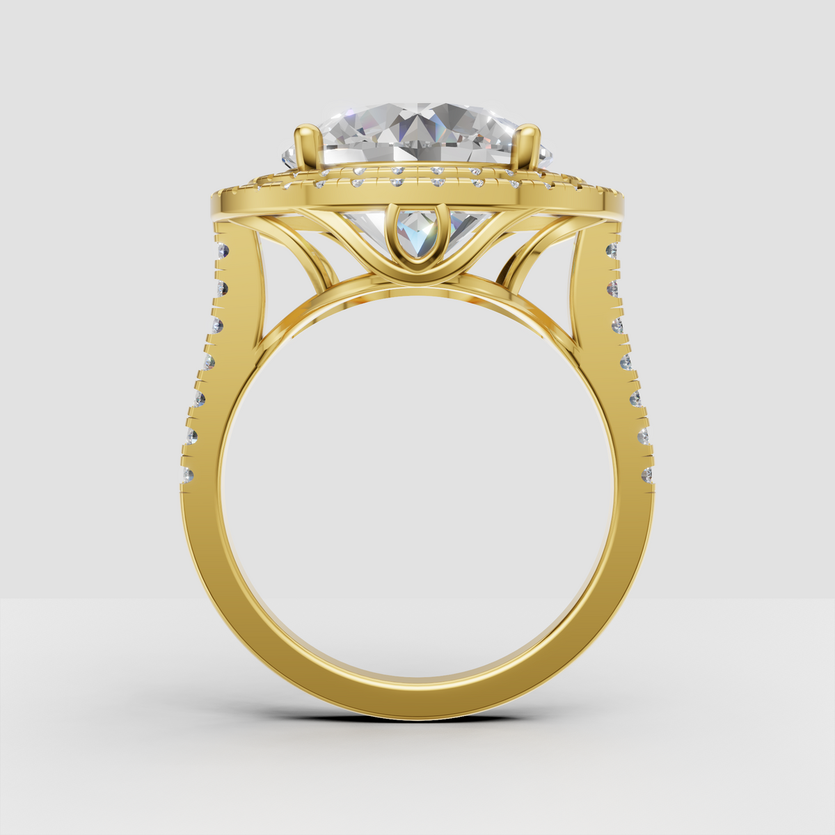 Round brilliant diamond double halo engagement ring front view