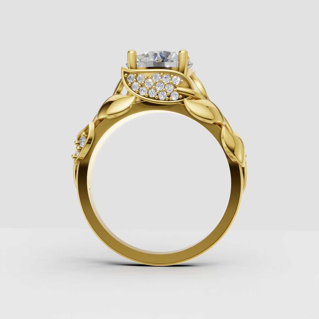 Round cut diamond ring with intricate vine design