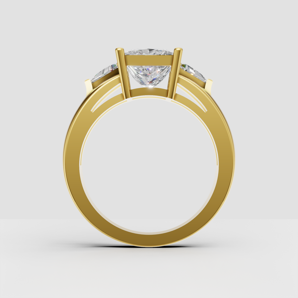 Princess cut center diamond ring with trillion cut side stones