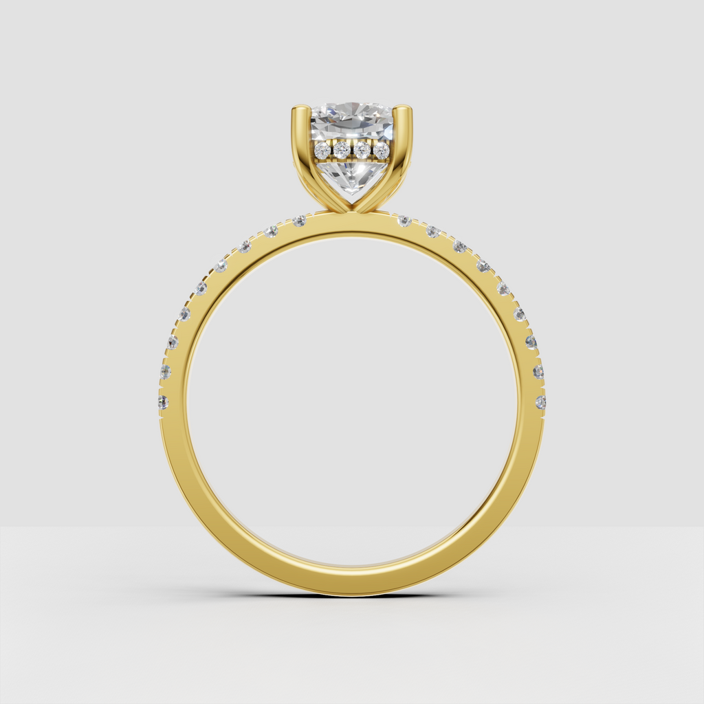 Cushion diamond cathedral engagement ring with accent stones