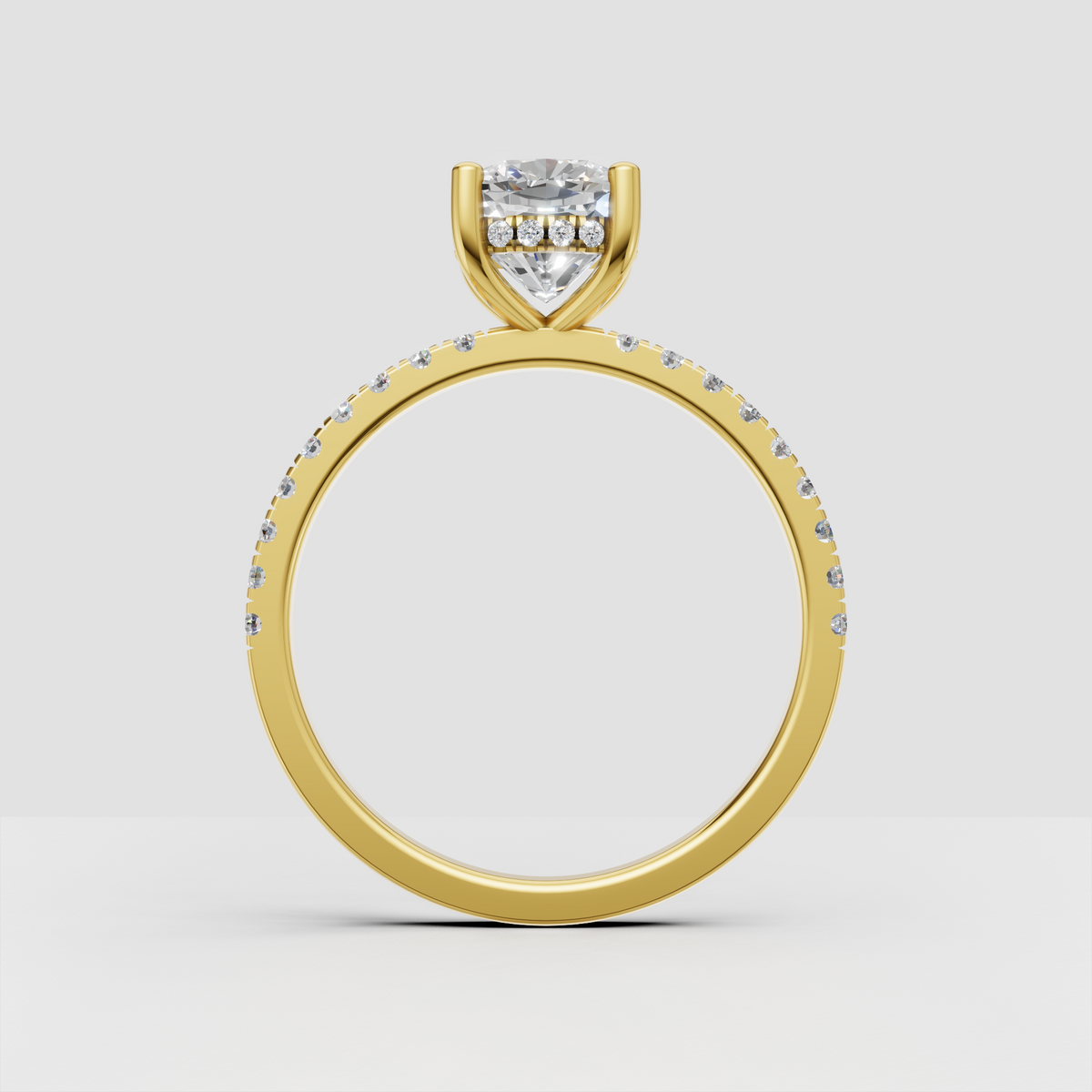 Cushion diamond cathedral engagement ring with accent stones