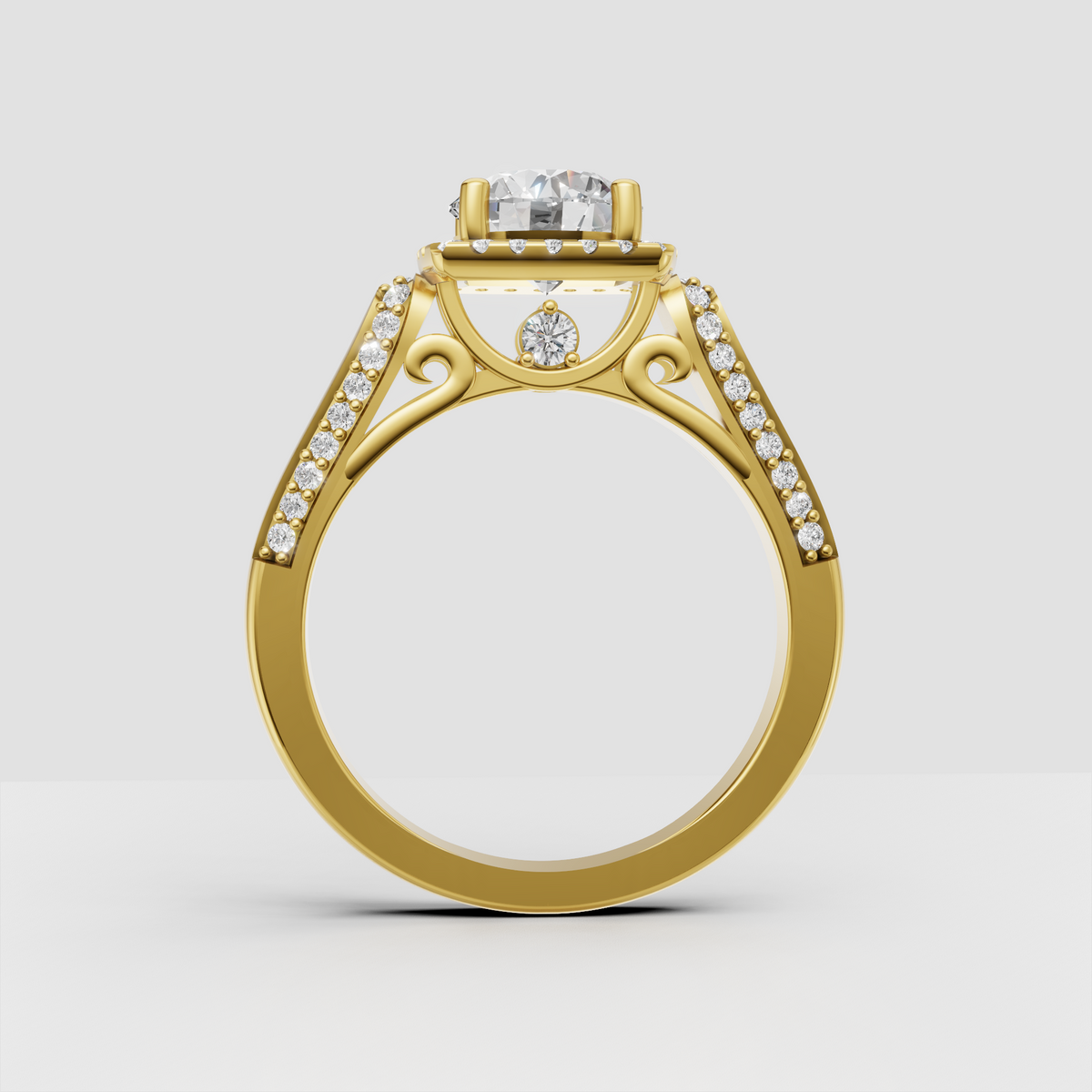 Luxury round diamond engagement ring featuring a four-prong halo setting
