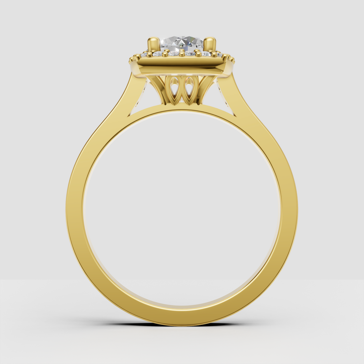 Yellow gold round diamond halo ring with pavé band