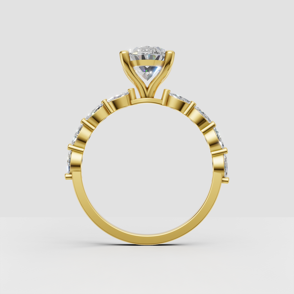 Yellow gold oval diamond engagement ring with sparkling side stones