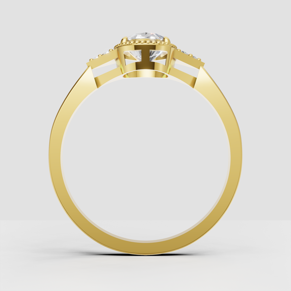 Oval halo engagement ring in polished yellow gold