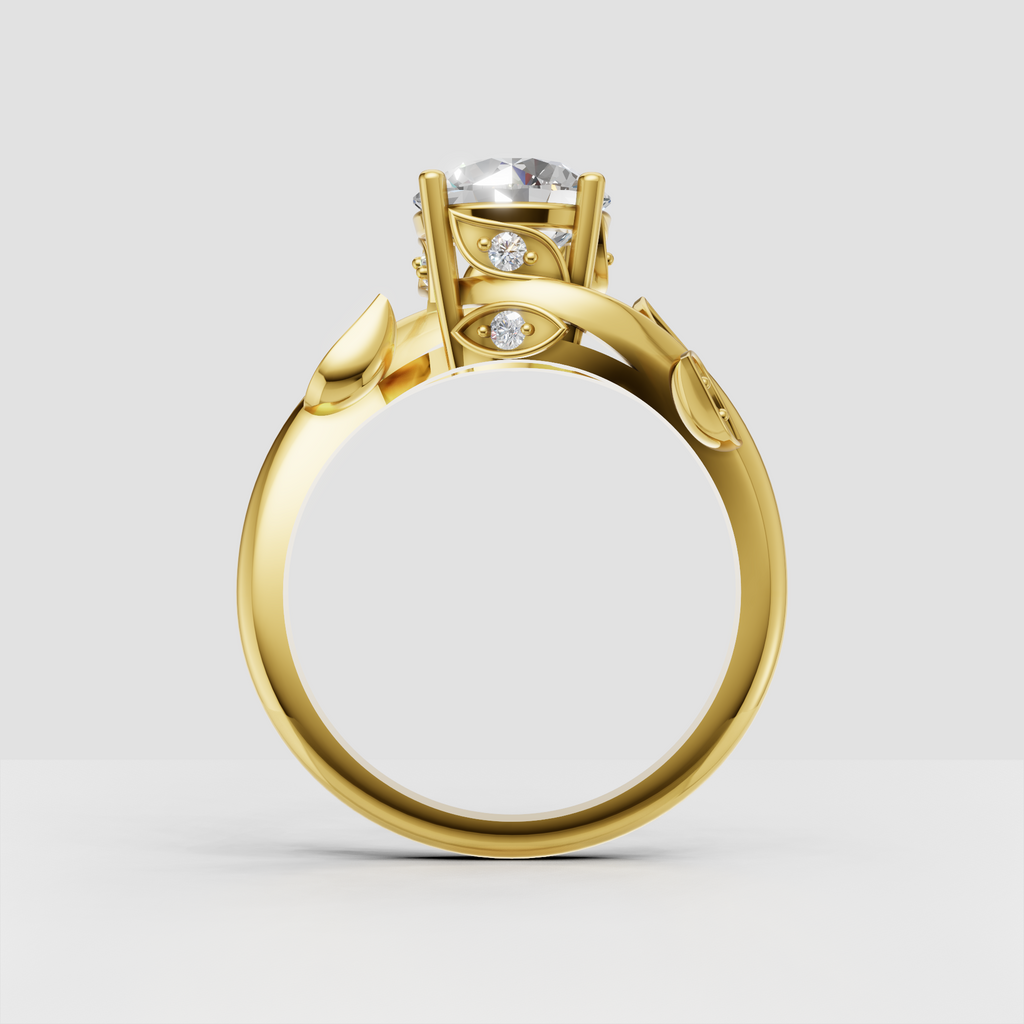 Leaf motif yellow gold engagement ring with diamonds