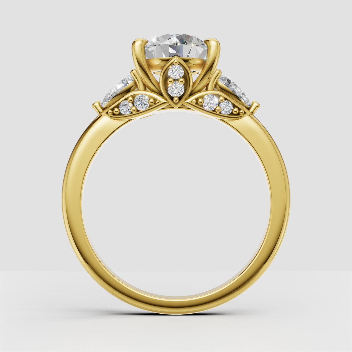 Floral-inspired round diamond engagement ring with ornate gallery