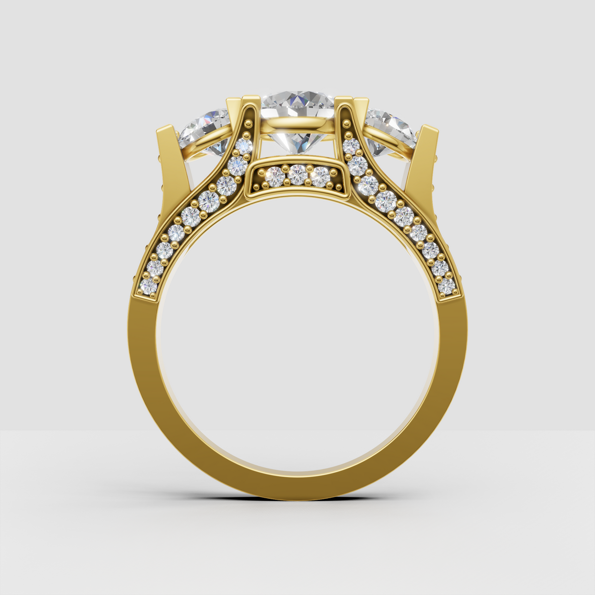 Round diamond ring with two matching side stones
