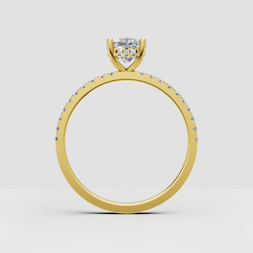 Cushion diamond hidden halo ring with four prong setting and pave band