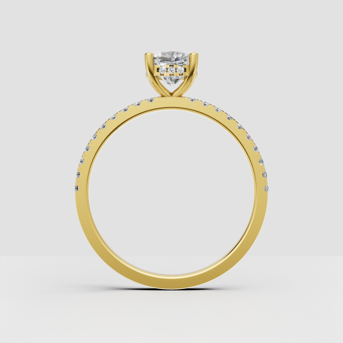Cushion diamond hidden halo ring with four prong setting and pave band