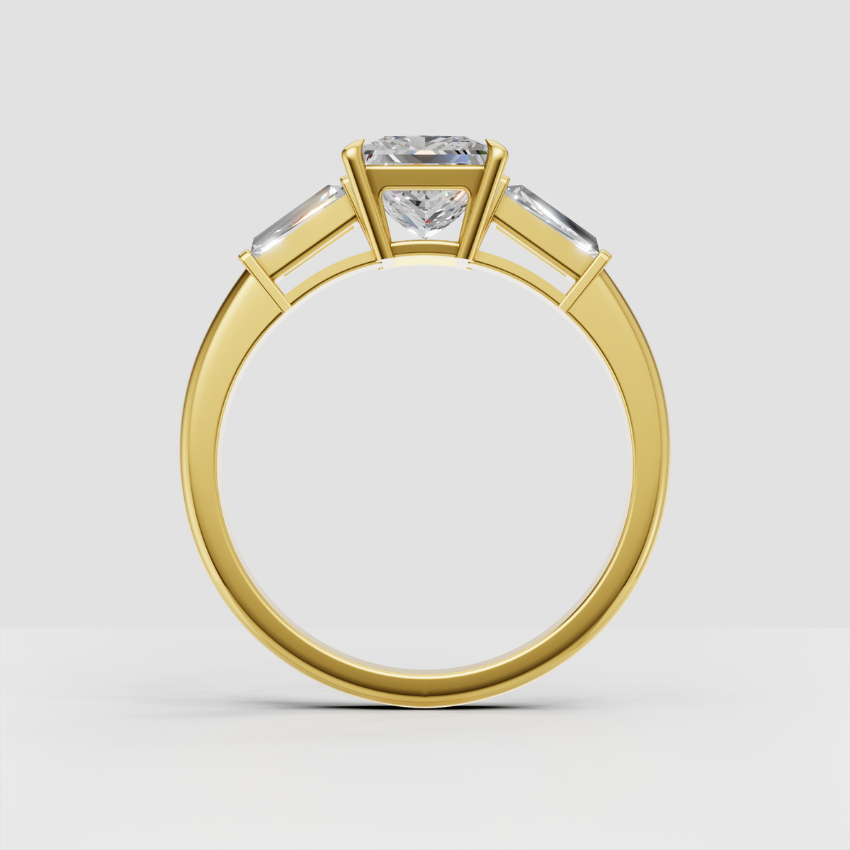 Yellow gold princess cut three stone engagement ring front view