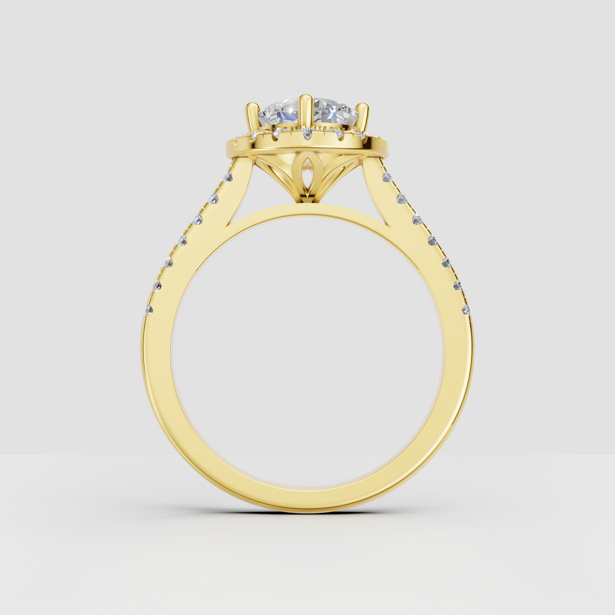 Cushion cut halo engagement ring with four-prong center stone setting