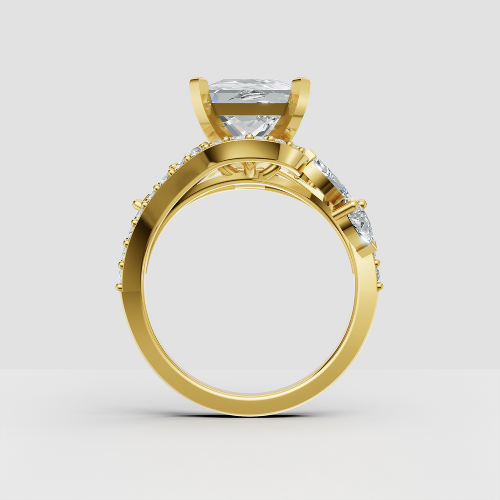 Princess-cut canter diamond surrounded by sparkling round halo stones