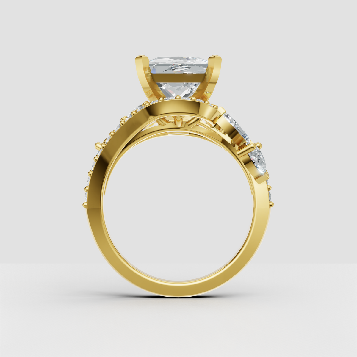 Princess-cut canter diamond surrounded by sparkling round halo stones