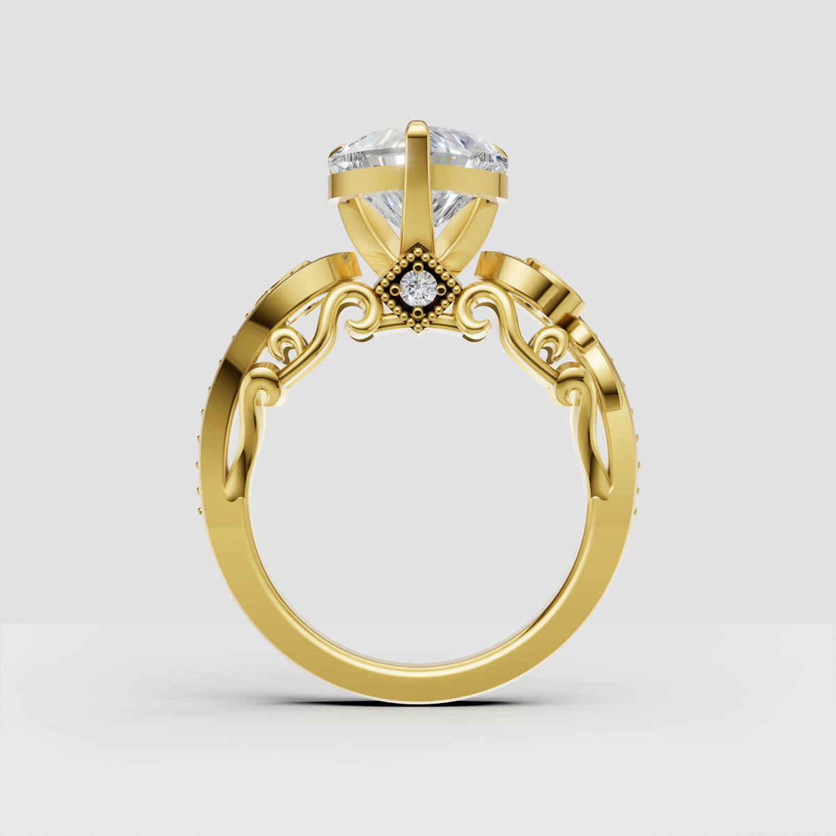 Vintage heart cut diamond engagement ring with oval side stones