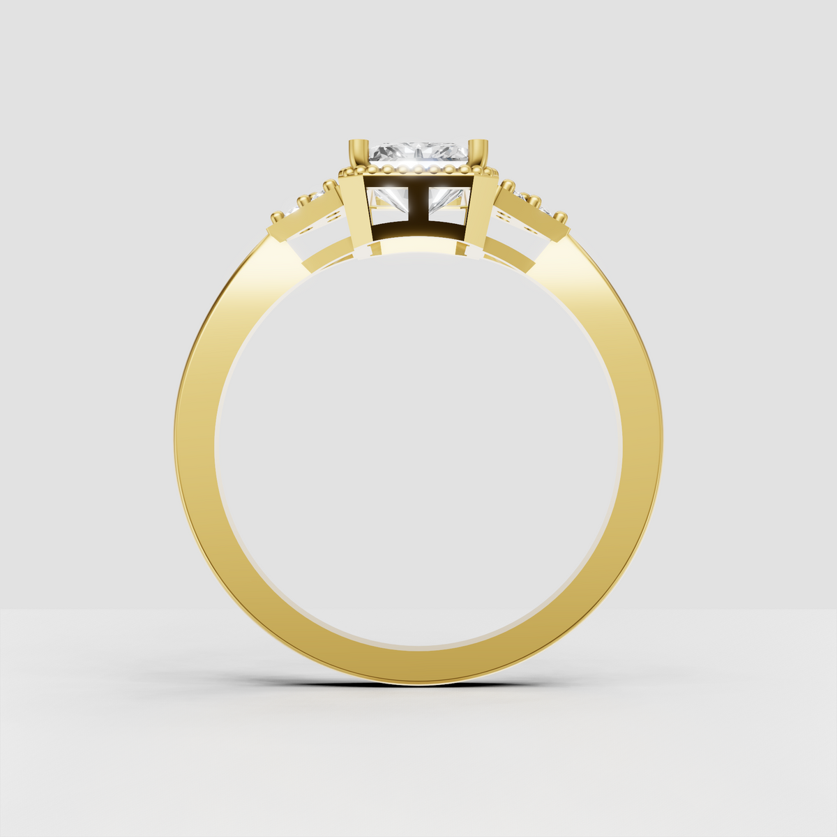 Radiant diamond halo ring with four corner prongs and polished band