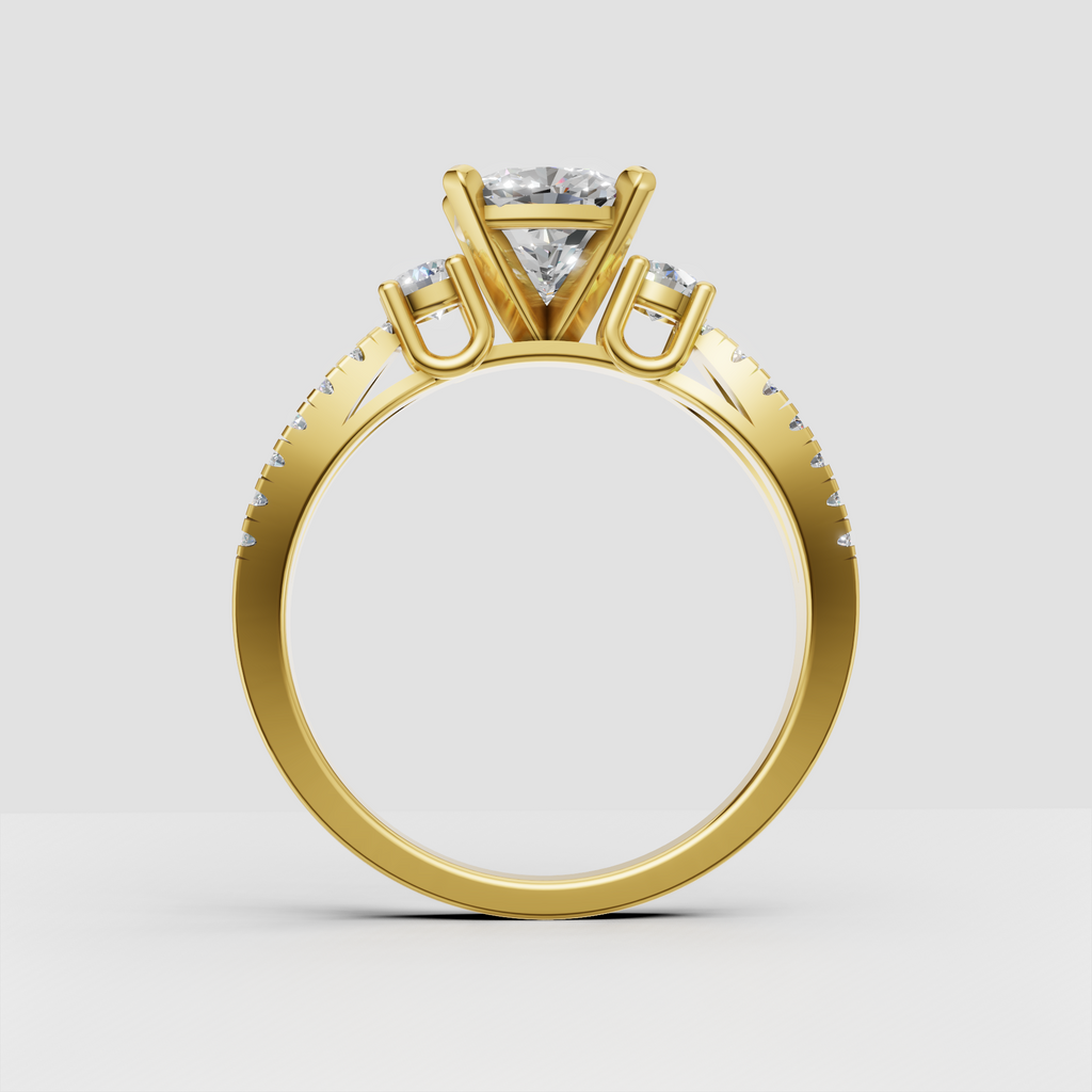 Round diamond three stone bridal ring with pavé band