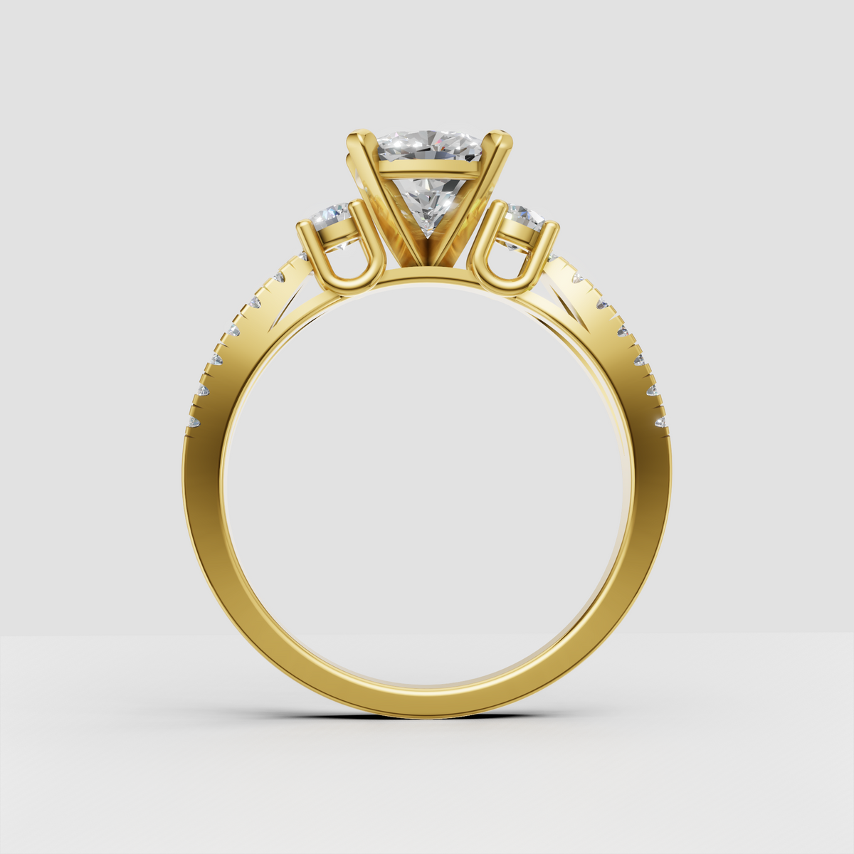 Round diamond three stone bridal ring with pavé band