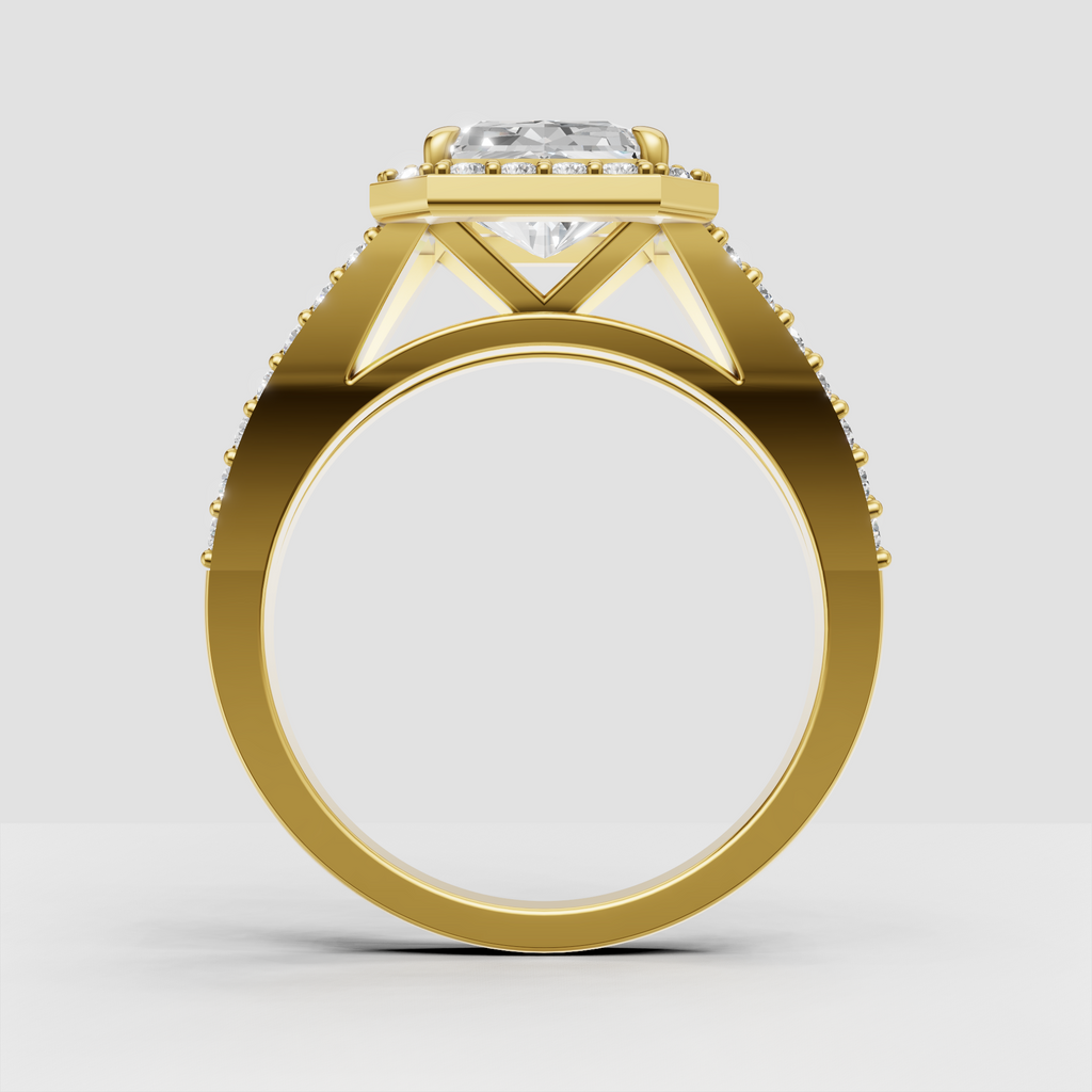 Luxury radiant halo engagement ring with pave band