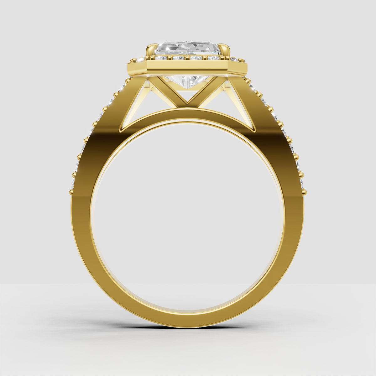 Luxury radiant halo engagement ring with pave band