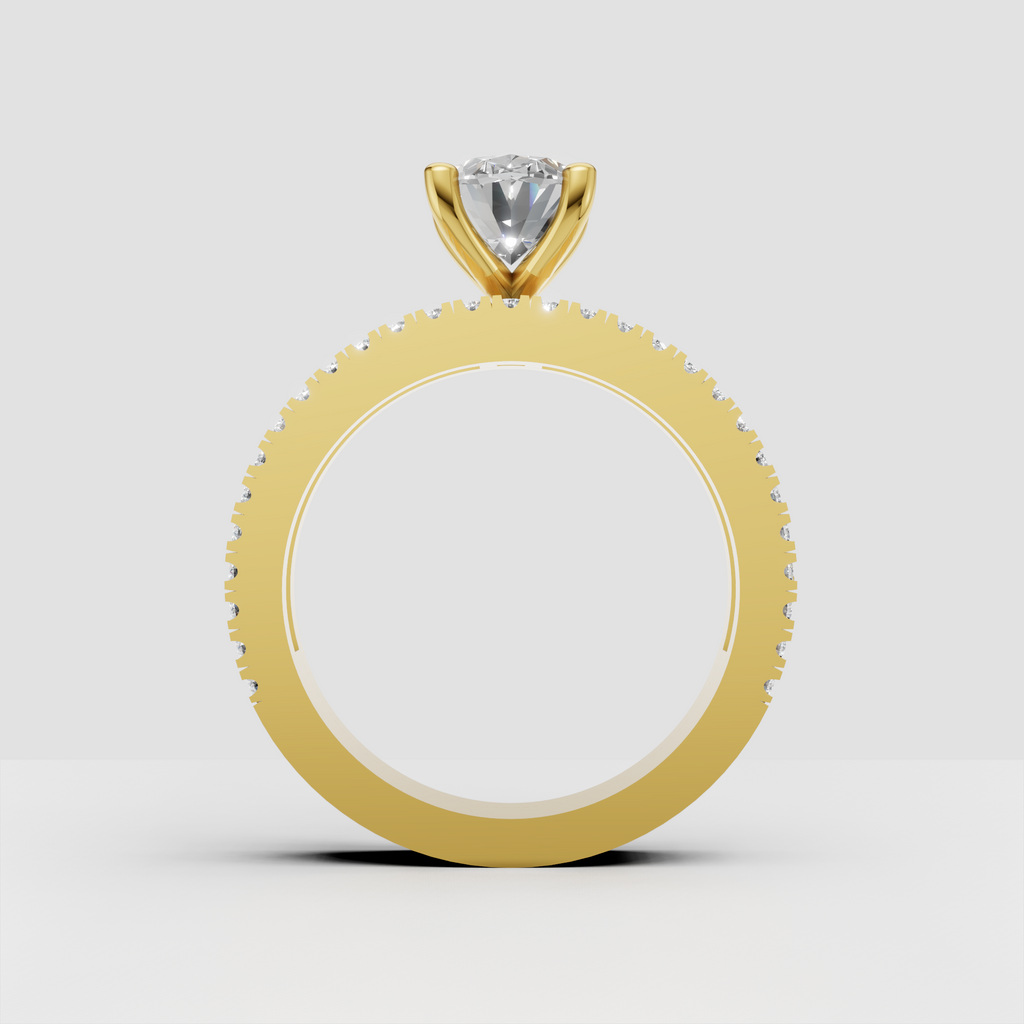 Four-prong oval diamond solitaire engagement ring with detailed three-row stone-set band