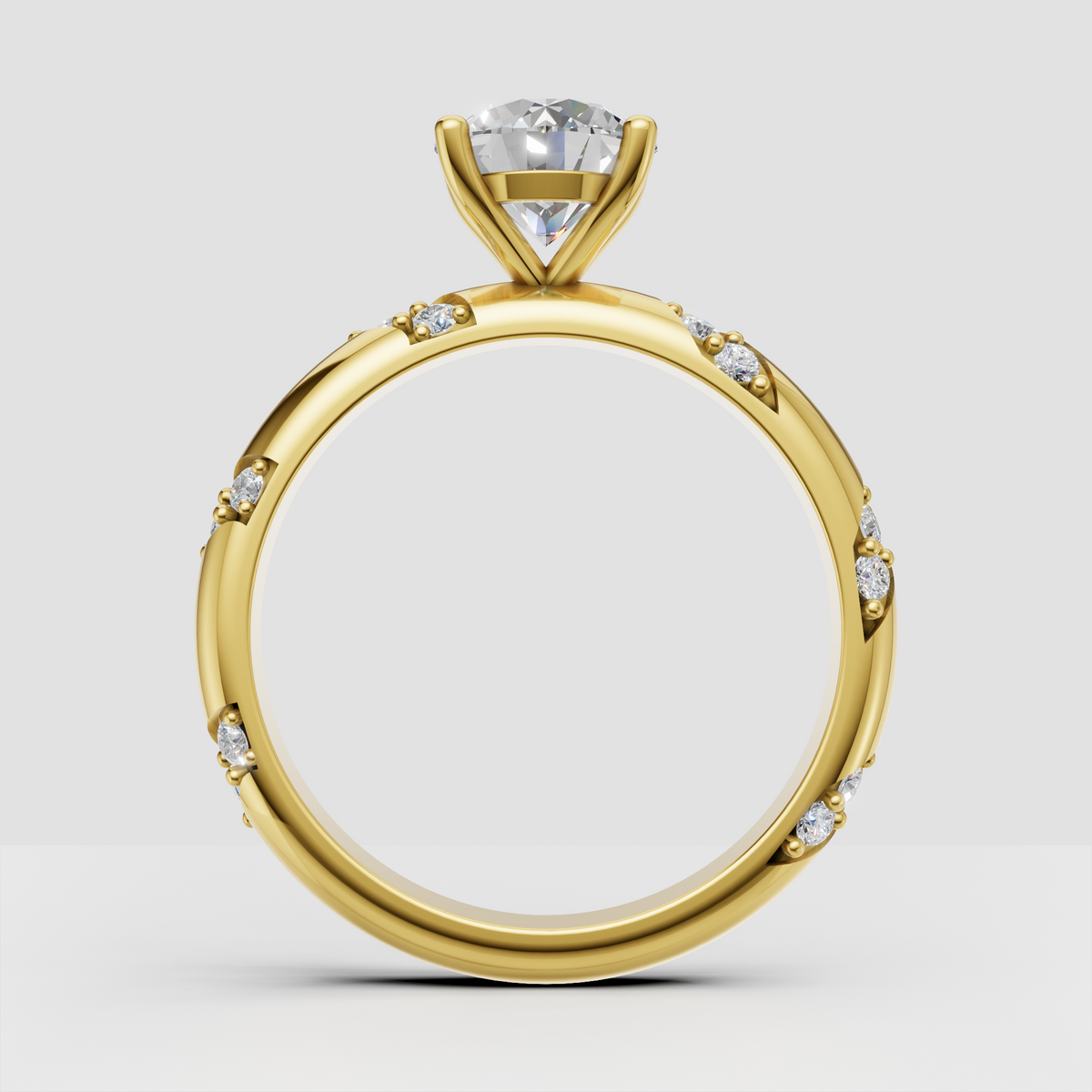 Yellow gold round diamond cathedral engagement ring