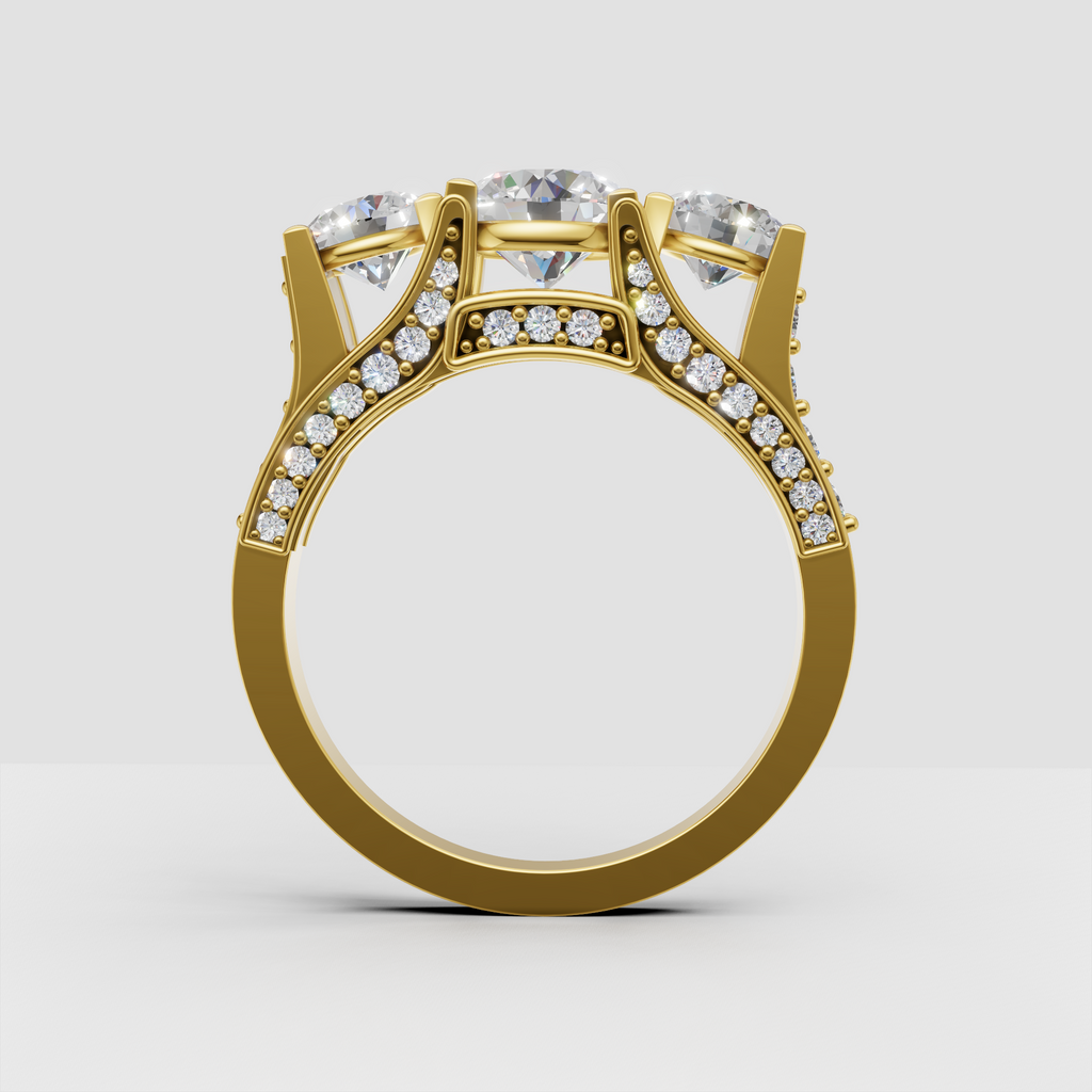 Round brilliant Diamond trilogy ring featuring a sculpted trellis setting