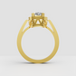 Yellow gold cushion halo engagement ring with diamond accent shoulders