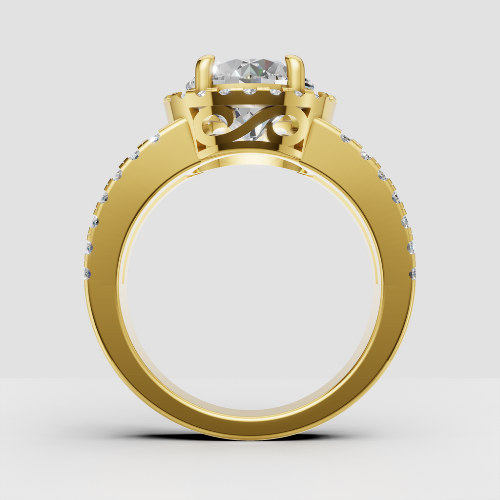 Round canter diamond ring with four-prong halo setting and pave band