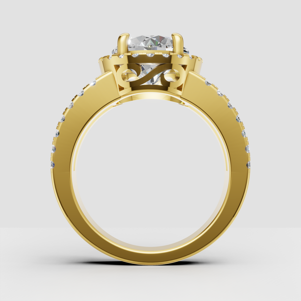 Round canter diamond ring with four-prong halo setting and pave band