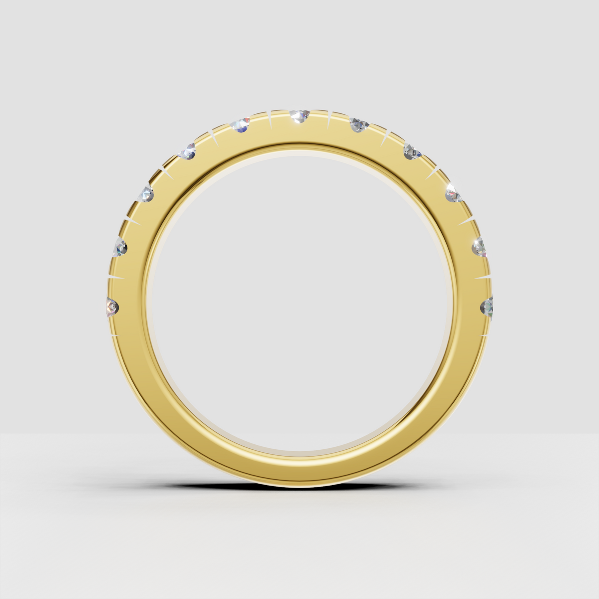 Full circle round diamond wedding ring in shared prong setting