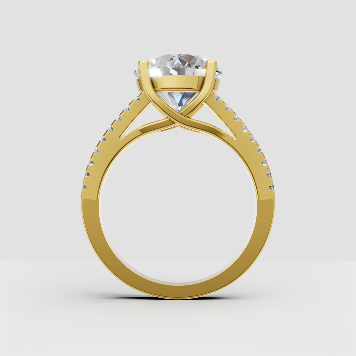 Elegant round diamond engagement ring with crossover basket gallery