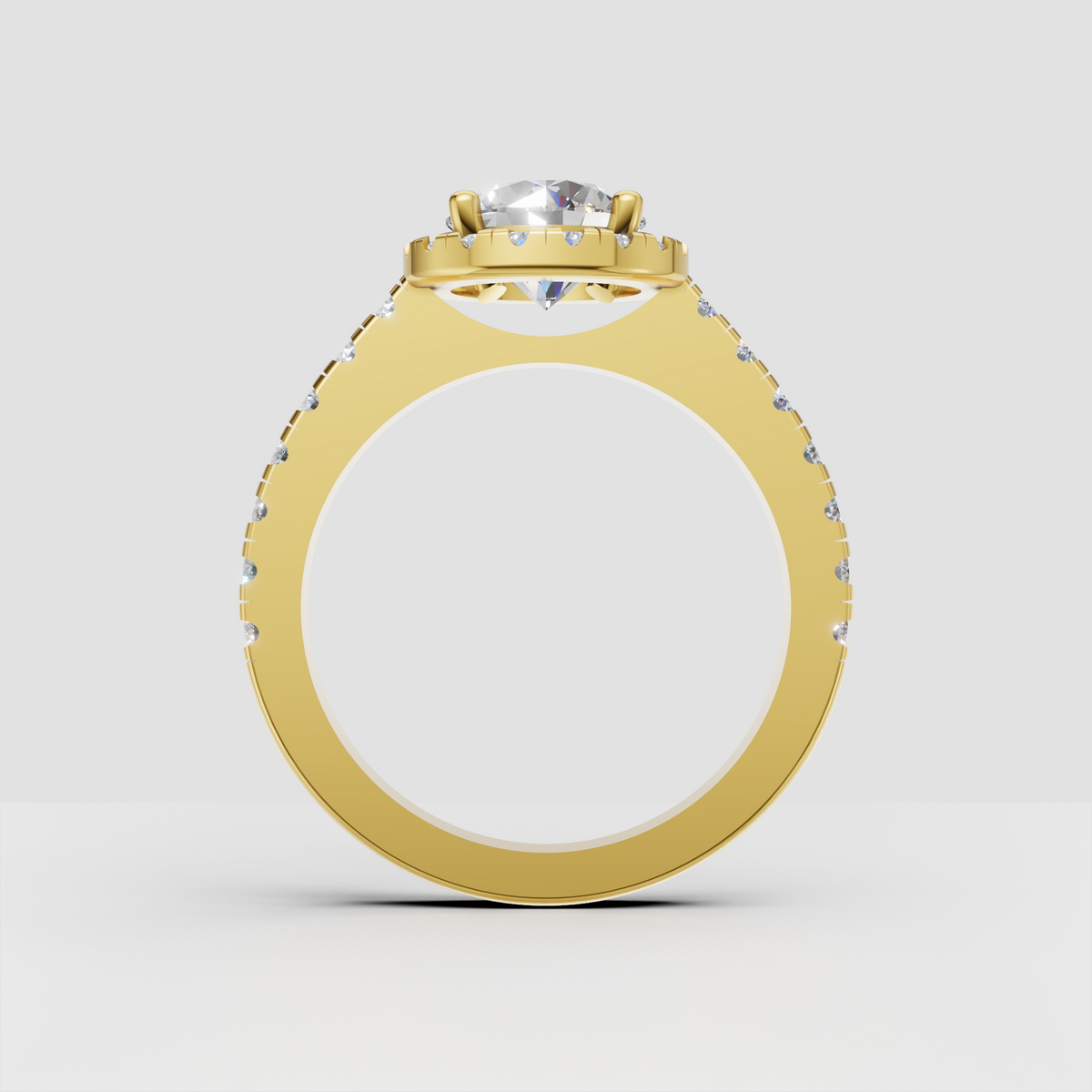 Four-prong round diamond engagement ring with full halo