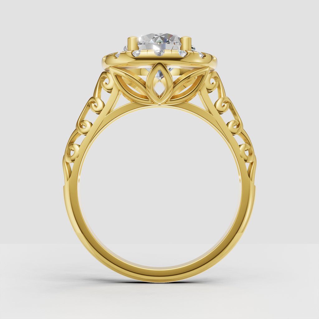 Round brilliant diamond halo ring with intricate filigree detailing