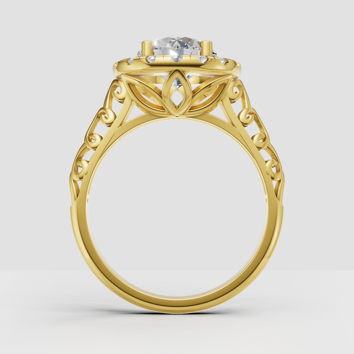 Round brilliant diamond halo ring with intricate filigree detailing