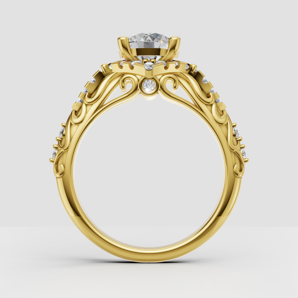 Round brilliant diamond engagement ring with ornate yellow gold filigree