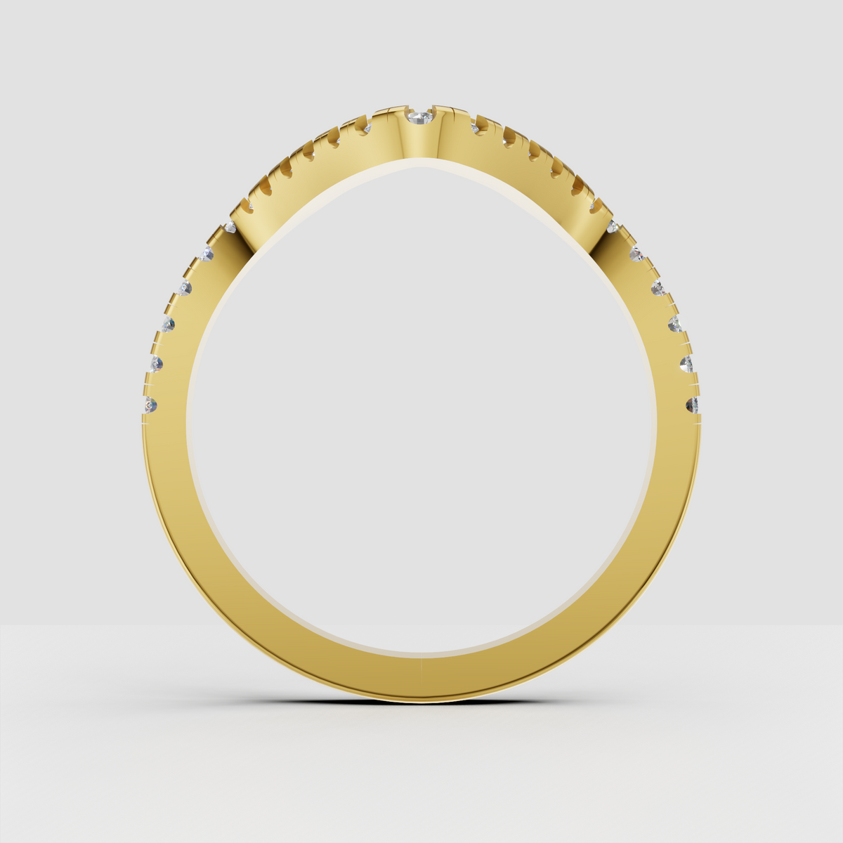 Curved round diamond wedding band in polished yellow gold
