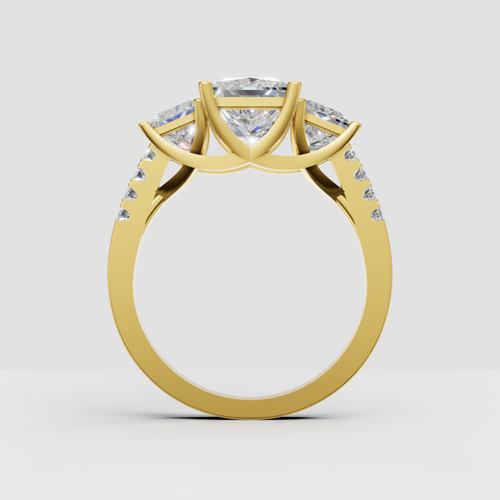 Yellow gold princess cut three stone bridal engagement ring