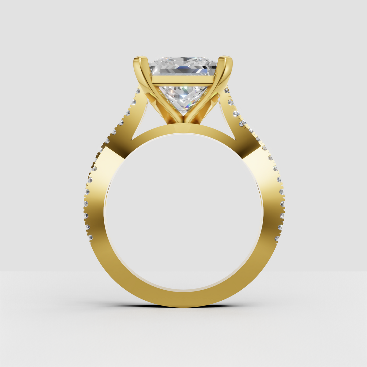 Front view of princess-cut diamond ring with sparkling split-shank shoulders