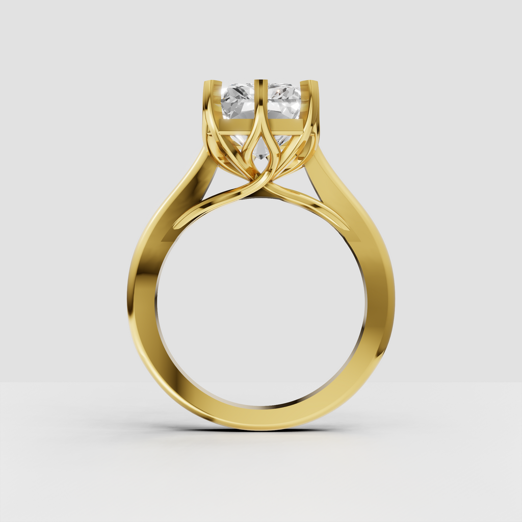 Rectangular radiant diamond solitaire ring with open gallery and crossover band
