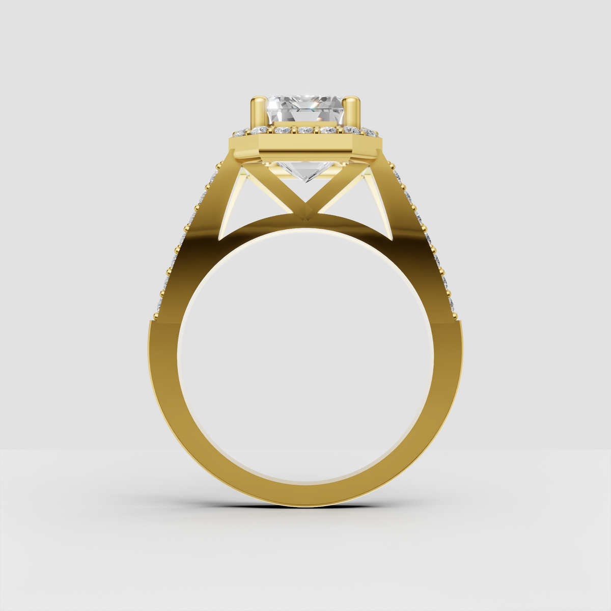 Pavé emerald diamond engagement ring with split-shank band