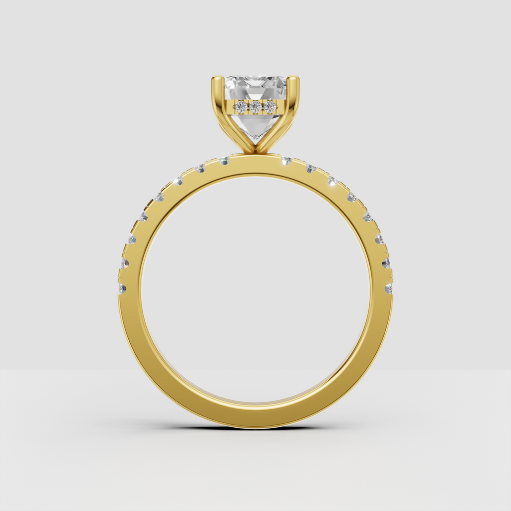 Emerald cut diamond ring with concealed diamond halo