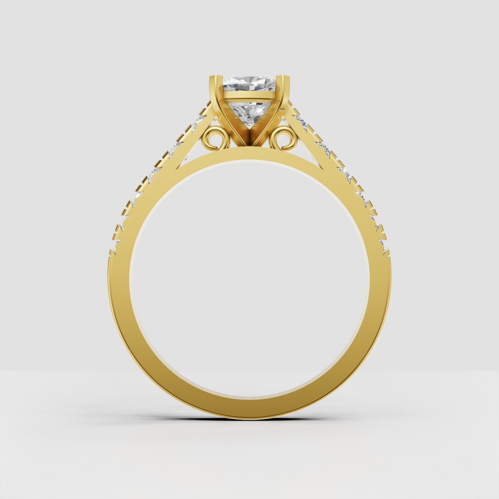 Front view of cushion cut diamond engagement ring with four corner prongs
