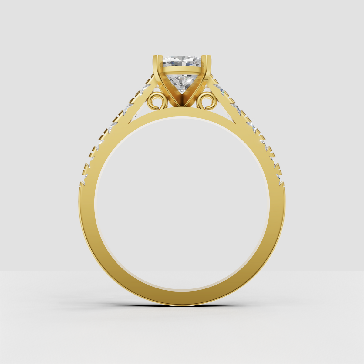 Front view of cushion cut diamond engagement ring with four corner prongs