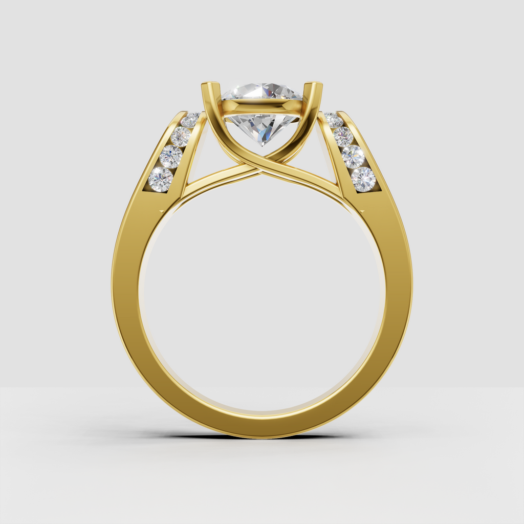 Round diamond engagement ring with wide polished band and side stones