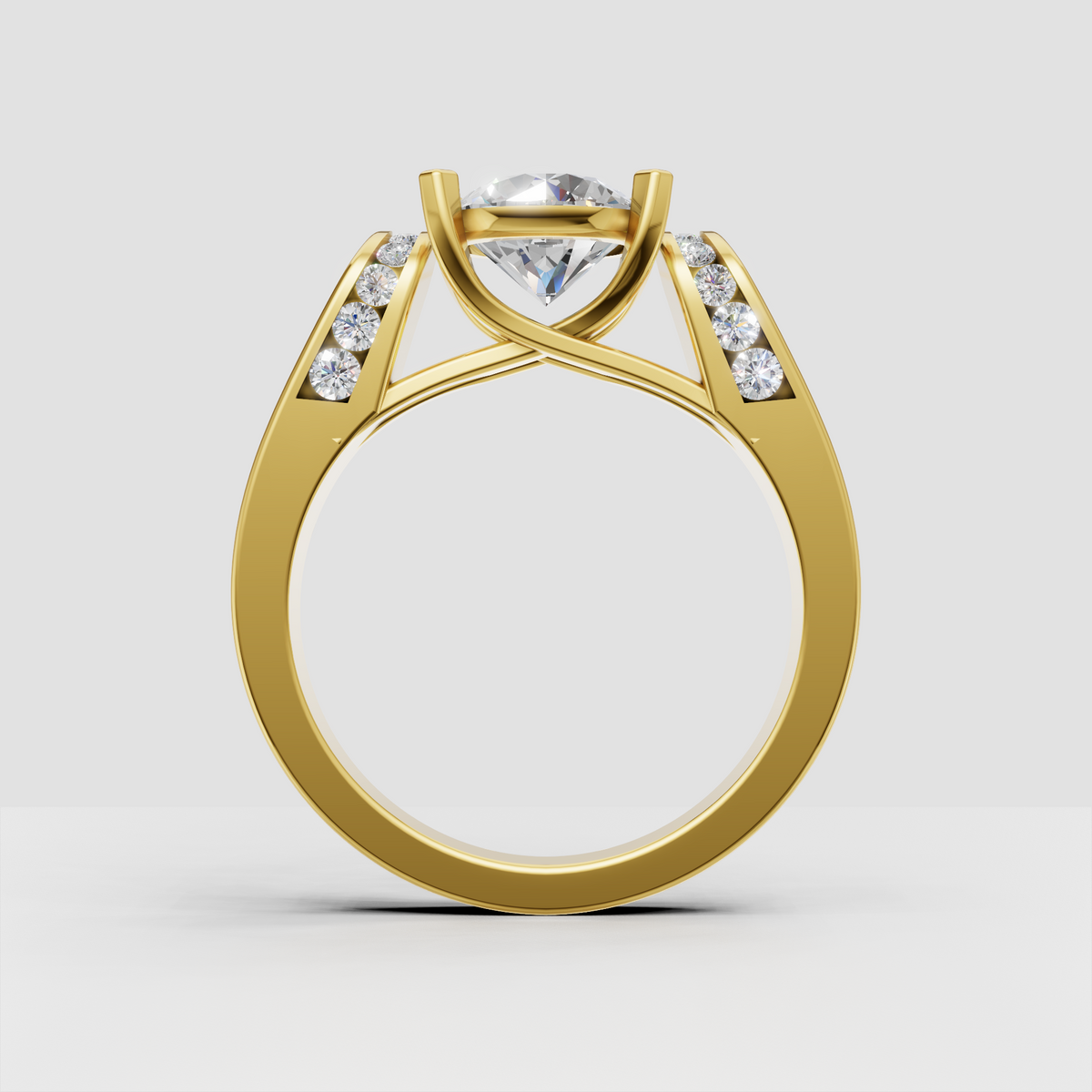 Round diamond engagement ring with wide polished band and side stones