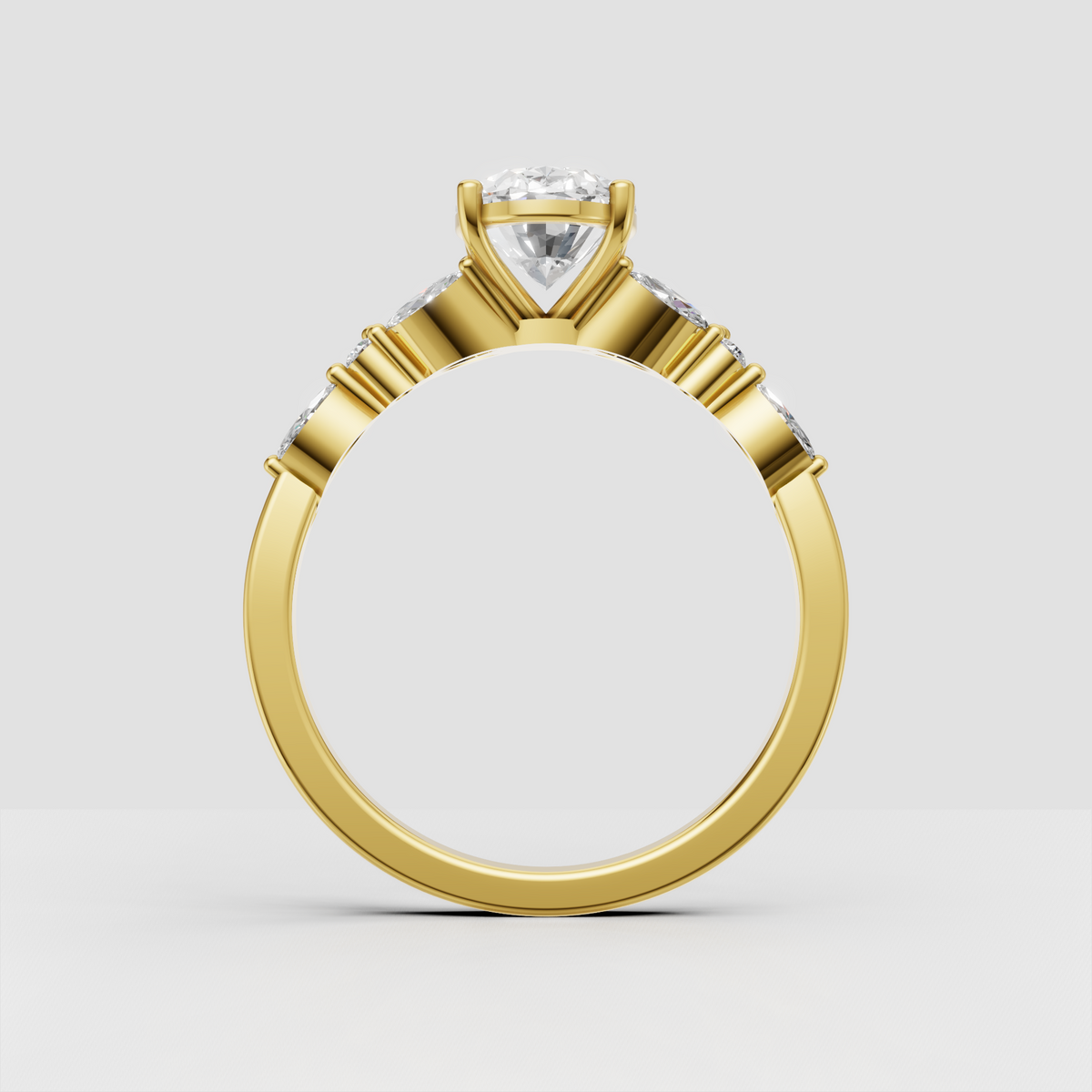 Oval center diamond engagement ring with sculpted cluster shoulders